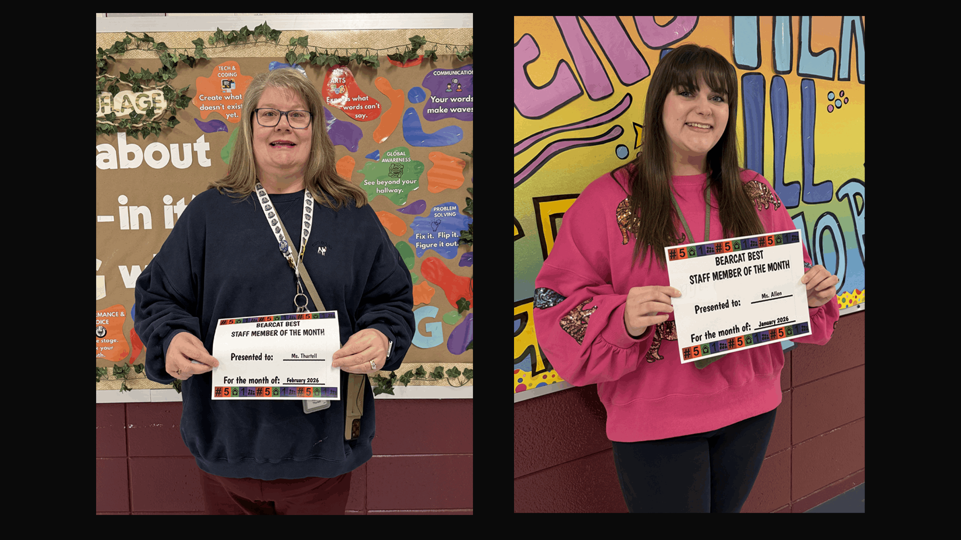 Two Long Beach School District staff members are shown holding “Bearcat Best Staff Member of the Month” certificates. On the left, Ms. Thurtell stands in front of a bulletin board with educational and motivational messages, holding her February 2026 certificate. On the right, Ms. Allen stands in front of a colorful mural, holding her January 2026 certificate. The graphic highlights staff appreciation and monthly recognition.
